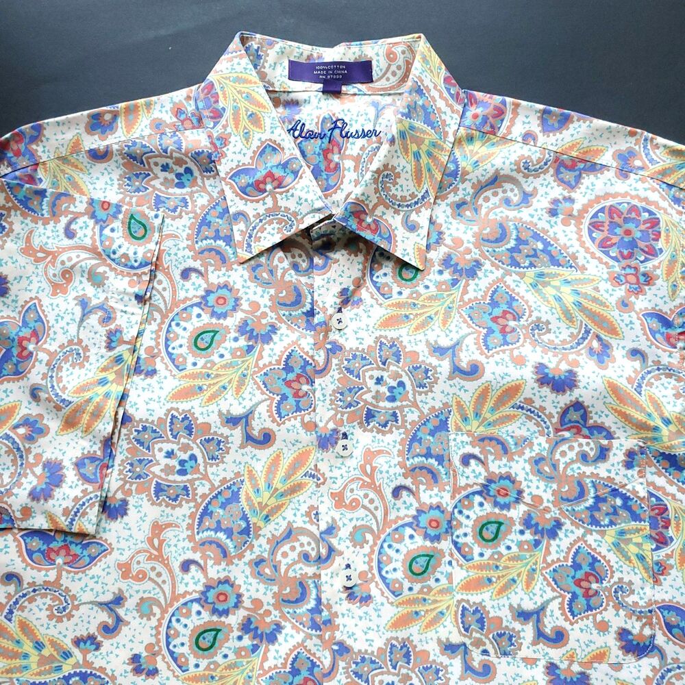 Alan Flusser Paisley Floral Shirt Mens XL Short Sleeve Colorful Cotton Hipster